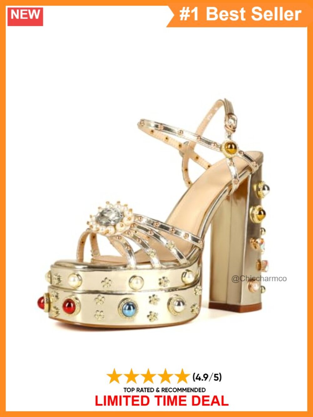 Rhinestone Platform Chunky Heel Open Toe Ankle Strap Sandals